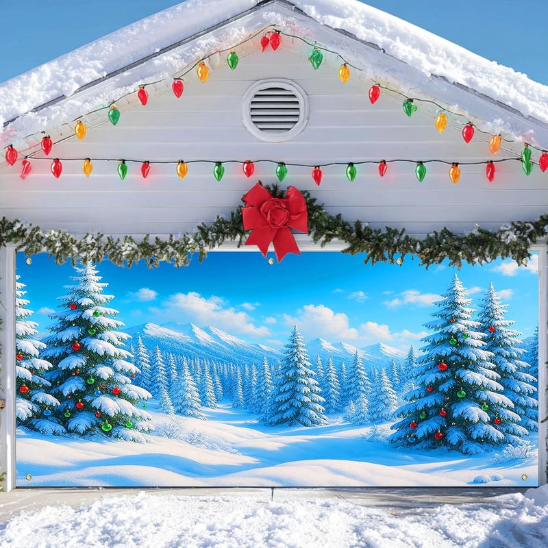 IVN Christmas Garage Door Cover Decoration 13x6ft Snow Covered Pine Trees Blue Mountain Forest Scene Merry Christmas Winter Garage Door Banner Home Door Front Yard Decor for Xmas Eve Holiday Outdoor - Image 5
